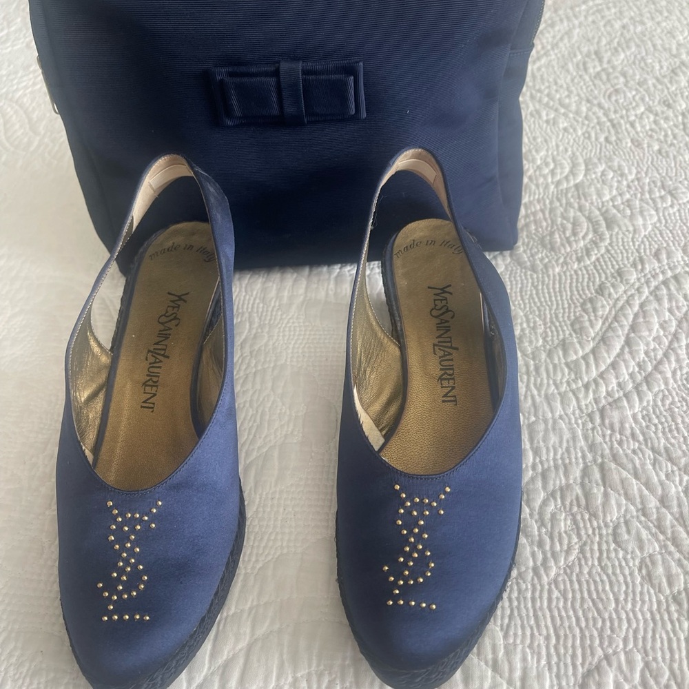 Yves Saint Laurent Navy Satin Slingback Mules with Gold Stud Detail